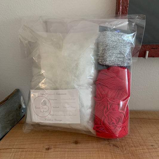 Garnpakke julekugler med hvid fyldning, sølvglimmer-garn og rødt garn