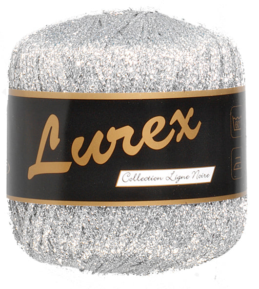 Lurex glimmergarn sølv nr. 1 – nærbillede af farve- og produktetiket