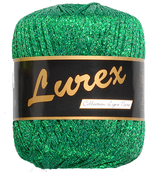 Lurex glimmergarn grøn nr. 8 – nærbillede af farve- og produktetiket